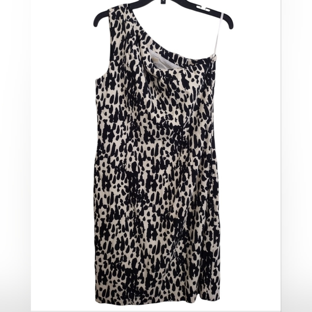 Michael Kors One Shoulder Abstract Animal Print Black And Cream Dress Size 12